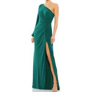 Mac Duggal Emerald Green One Shoulder puff sleeve slit‎ Gown Maxi Formal Dress